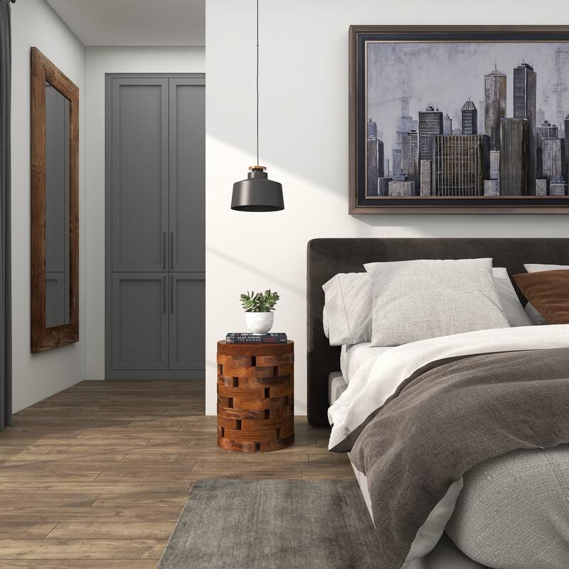 Teak Wood Handmade Live Edge Accent Table with Brick Inspired Design - Light Brown, Brown