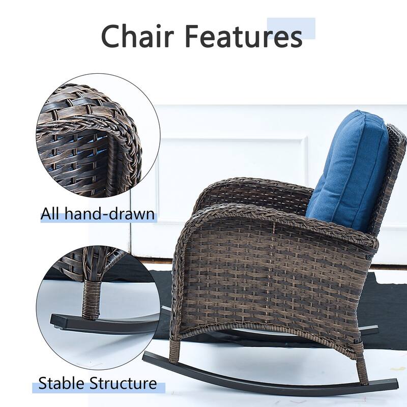 PlainCurve 3-Piece Wicker Outdoor Patio Conversation Set with Rocking Chairs and Olefin Cushions