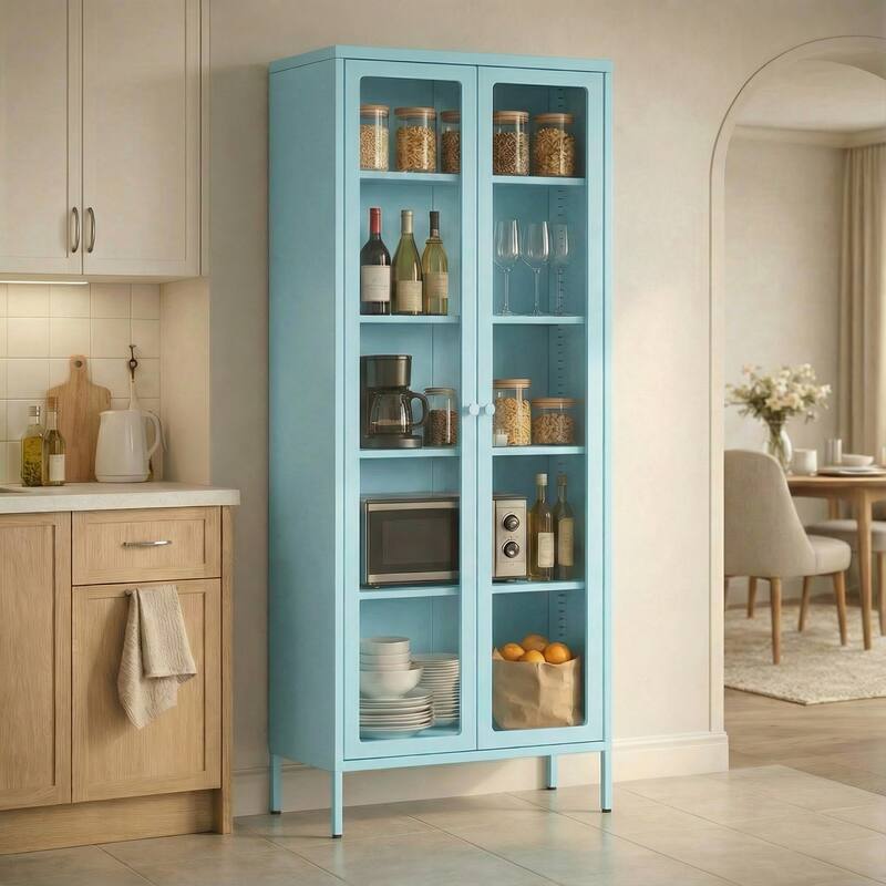 Kitchen Pantry Cabinet Glass Display Storage Buffet Sideboards with Glass Doors and 4 Adjustable Shelves - Blue