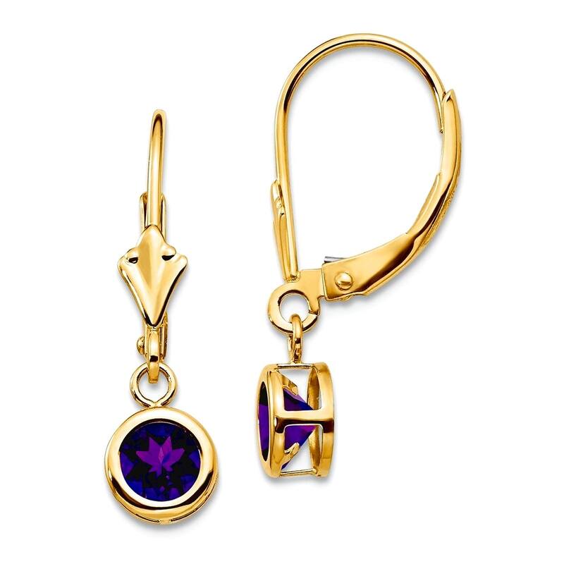 Curata 14k Yellow Gold Bezel 5mm Round Gemstone Leverback Earrings - 24x6mm - Amethyst
