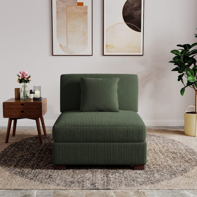 Modern L-Shaped Corduroy Modular Sectional Couch Sofa with Pillows - Green-Only Armless chair - Symmetrical
