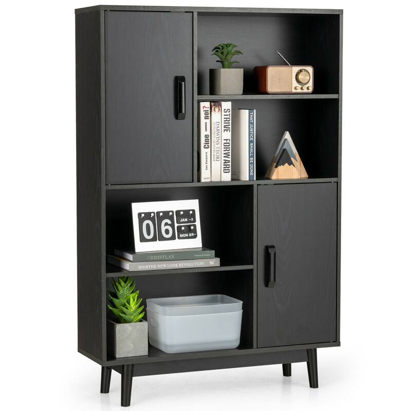 Gymax Sideboard Storage Cabinet Bookshelf Cupboard w/Door Shelf Black - Black