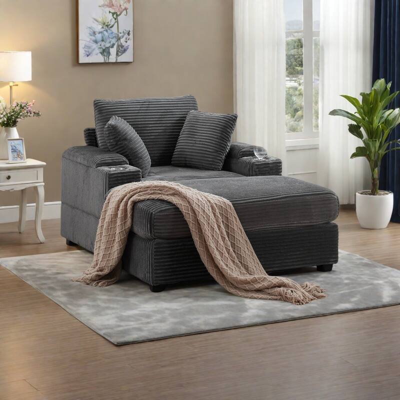 Corduroy Sofa Sets with Ottoman, Handrail Storage and Cup Holders - Grey