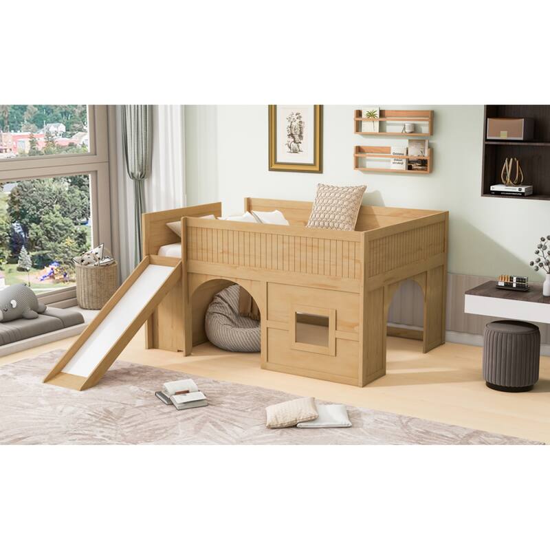 Roomfitters Full Low Loft Bed with Slide, Storage Shelves and Window Design