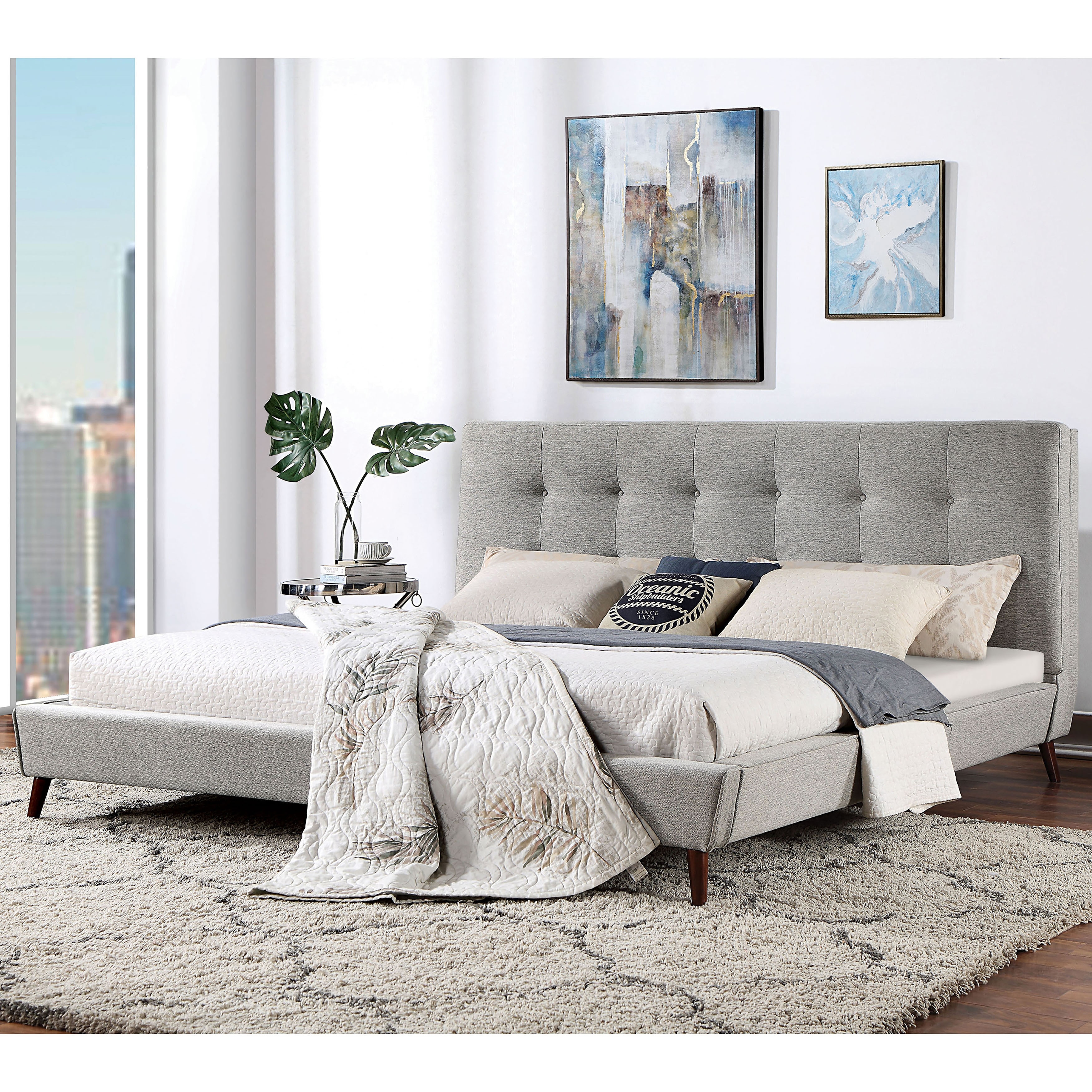 Furniture of America Kazz Mid-Century Fabric Upholstered Platform Bed