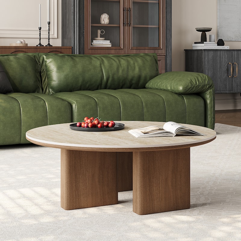 35.4'' Mid-Century Modern Round Coffee Table with Stone Countertop, Stain-Resistant Center Table for Living Room