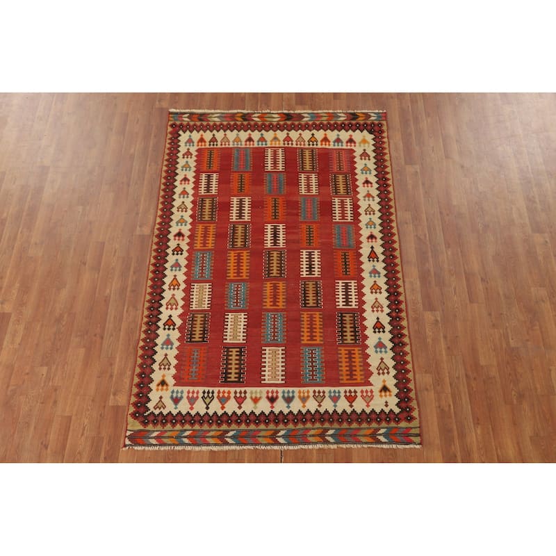 Kilim Qashqai Persian Vintage Area Rug Hand-Woven Red Wool Carpet - 4'7" x 7'1"