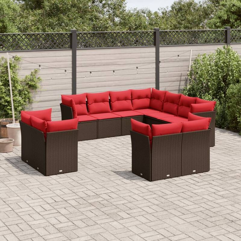 vidaXL Patio Sofa Set with Cushions Outdoor Conversation Furniture Poly Rattan - 21.7" x 24.4" x 27.2" - Brown and red without table