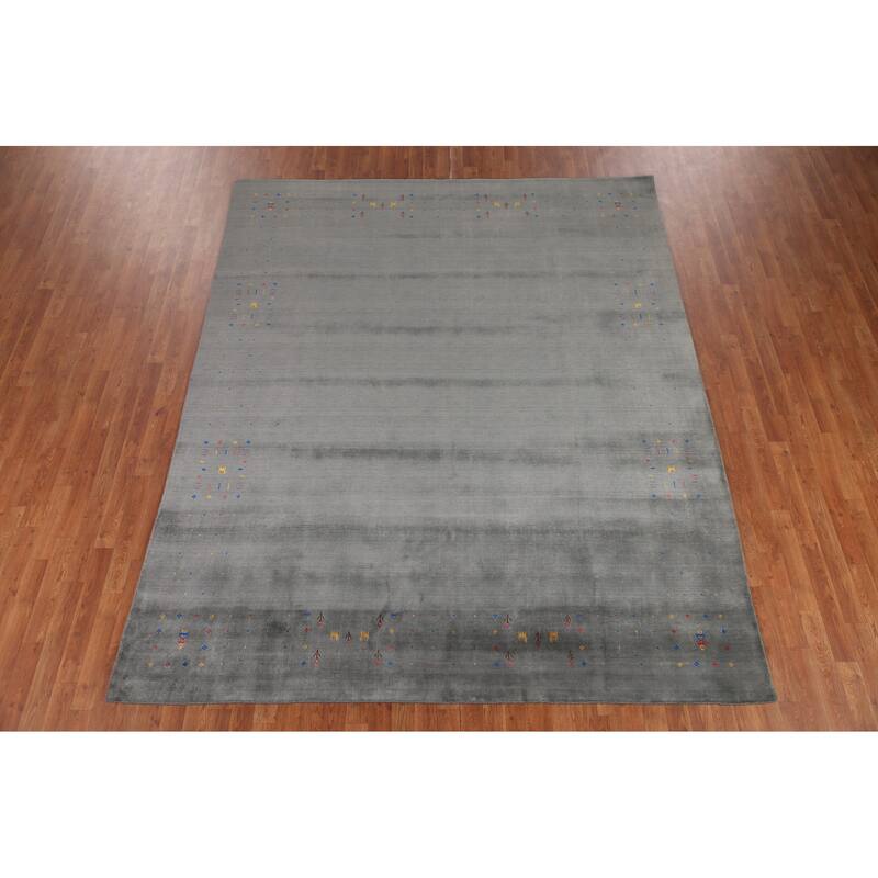 Slate Green Tribal Gabbeh Oriental Area Rug Hand-Knotted Wool Carpet - 8'1" x 9'11"