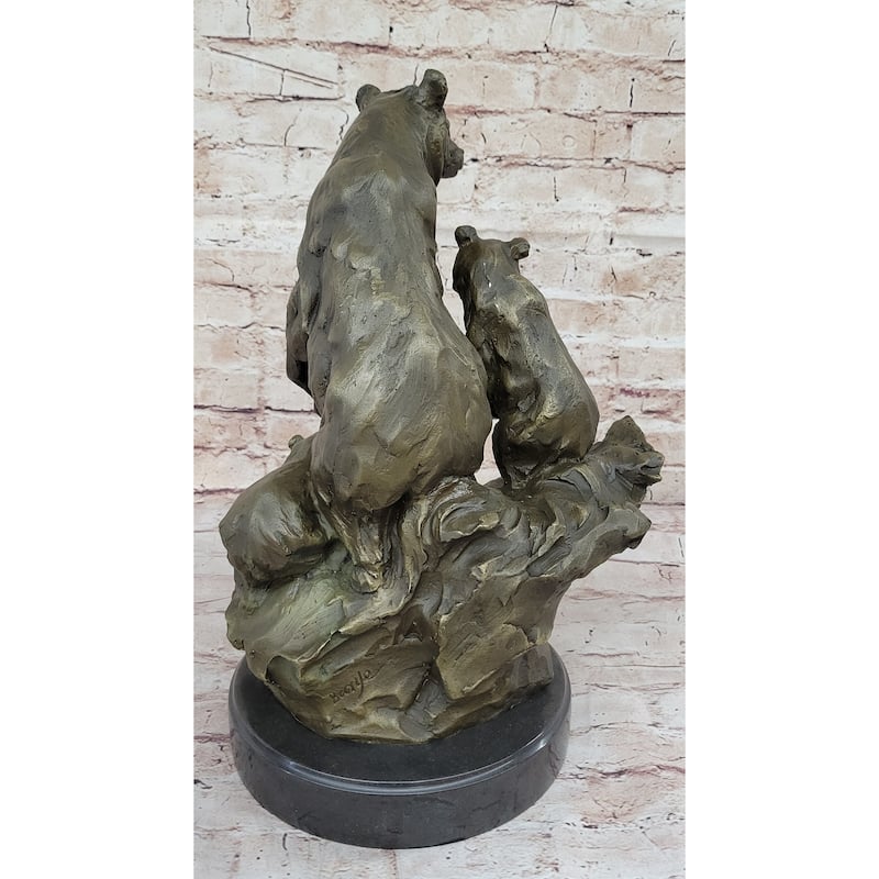 Large Mother Bear With Her Cubs On A Rock Bronze Art Deco Marble Sculpture Barye