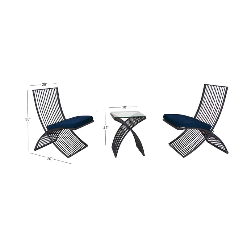Metal Small Folding Outdoor Seating Set with Navy Cushions - Set of 3 Black - Roche River Decor - 32"W x 21"L x 34"H
