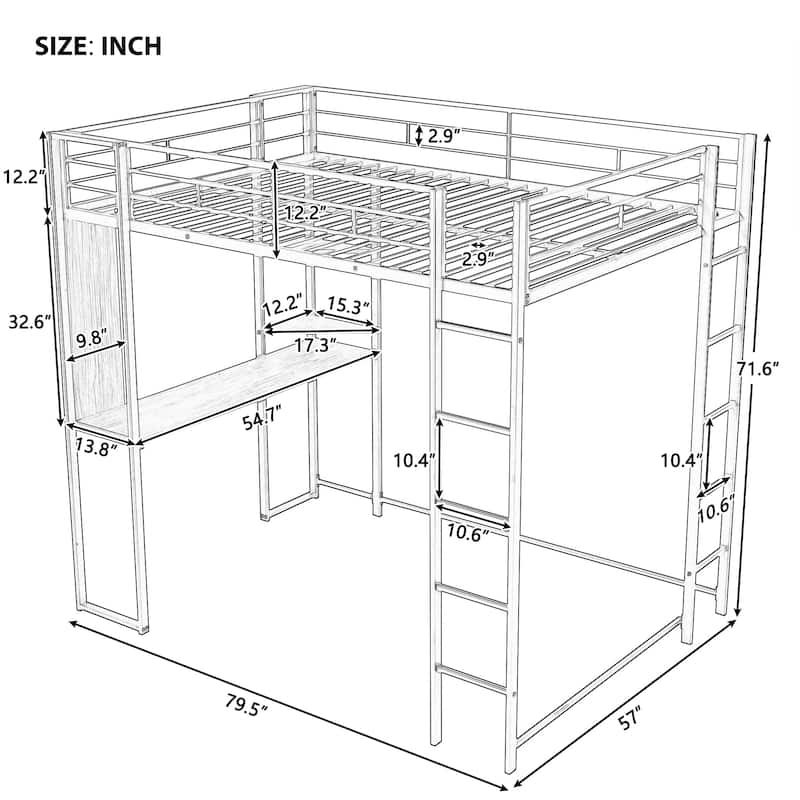 Metal Loft Bed with Wood Desk and Shelves