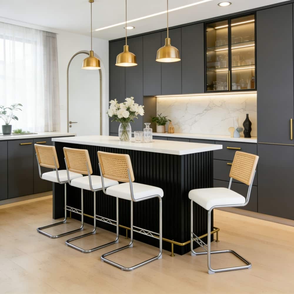 Natural Rattan & Solid Wood Bar Stool Set of 4 - 25" Medieval Modern Style with PU Seat & Chrome Legs