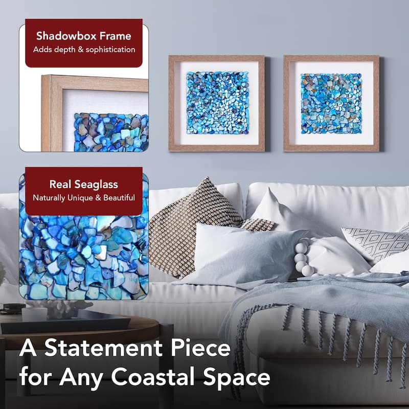 American Art Decor Framed Wall Art with Seashell decoration and Glass Cover 2-Piece Set - 11.81" x 11.81" x 1.18"
