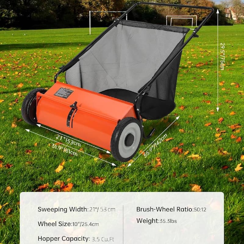 21 Inch Manual Push Lawn Sweeper, 3.5 Cu. Ft. Hopper Capacity Grass Sweeper for Grass Clippings, Leaves, Garden