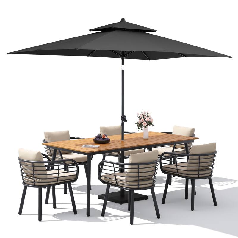 9/11-PieceOutdoor Patio Dining Set with Sunbrella Cushions Aluminum Dining Table and Chairs w/10 ft Umbrella and Base