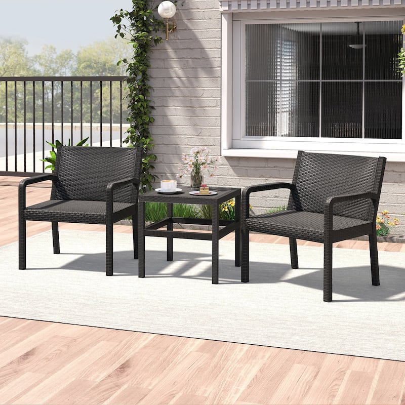 3 Piece Black PP Rattan Patio Chairs with Side Table for Outdoor Seating - Chair: 25" x 23" x 30.5"