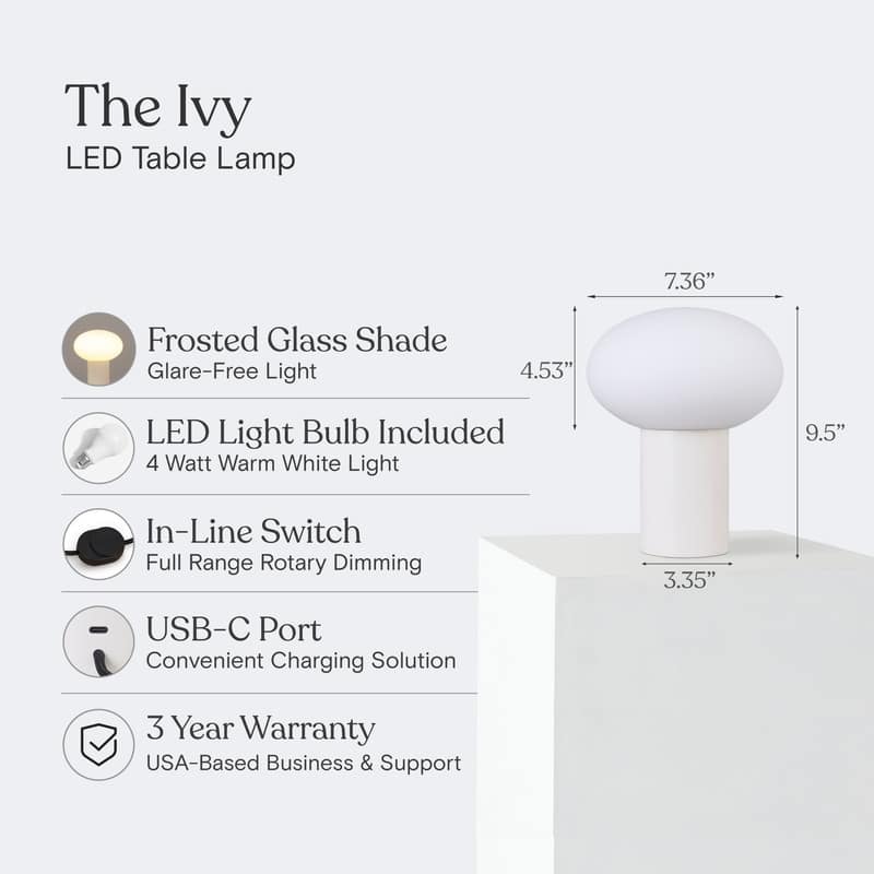 Brightech Ivy LED Glossy Off-White Cream Midcentury Round Globe Dimmable Bedside Nightstand Desk Lamp