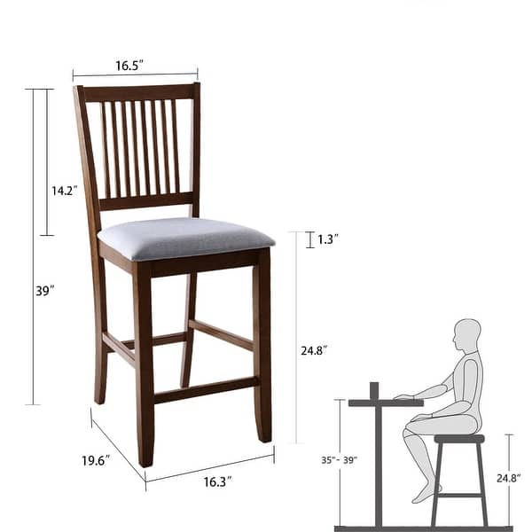 dimension image slide 0 of 3, Farmhouse 24.8" Counter Height Chairs Slat Back Padded Wood Bar Stools - 21L×18W×35H