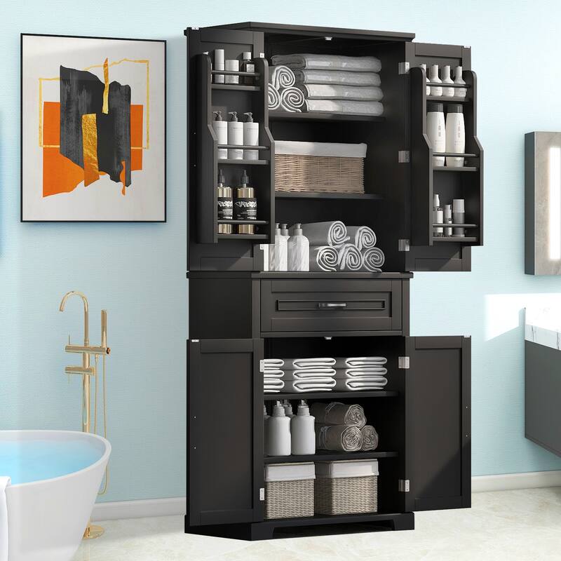 Bathroom Storage Cabinet with Doors and Drawer, Multiple Storage Space, Adjustable Shelf - Black