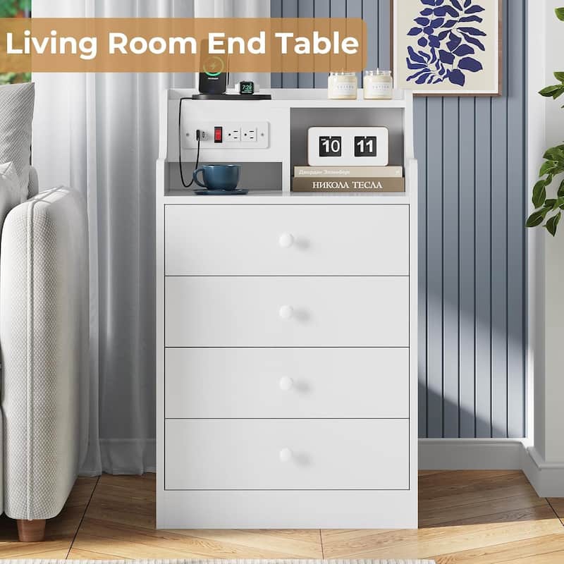 Nightstand with Drawers Charging Station End Side Table with Hutch