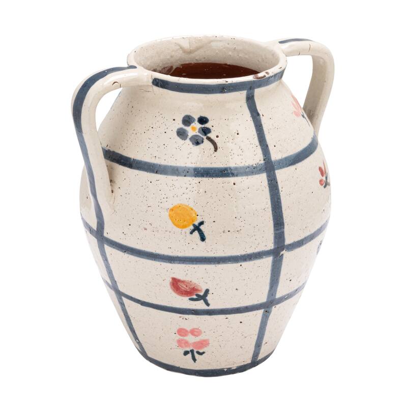 Hand-Painted Terra-cotta Urn with Flowers and Grid Pattern in Crackle Glaze