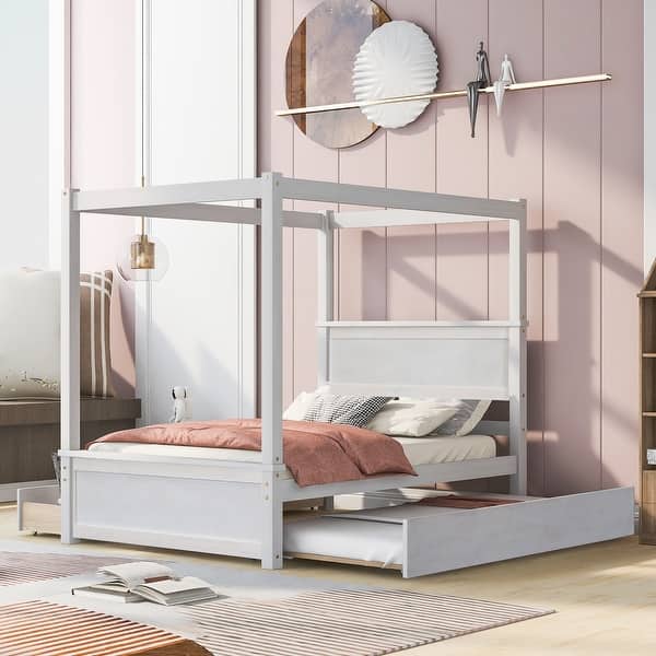 slide 2 of 27, Wood Canopy Bed with Trundle Bed and two Drawers ,Full Size Canopy Platform bed With Support Slats, No Box Spring Needed White