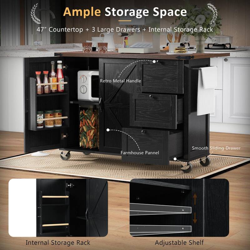 Farmhouse Kitchen Island with Power Outlet, Rolling Kitchen Cart on Wheels with Internal Storage Rack, Drop Leaf, Spice Rack