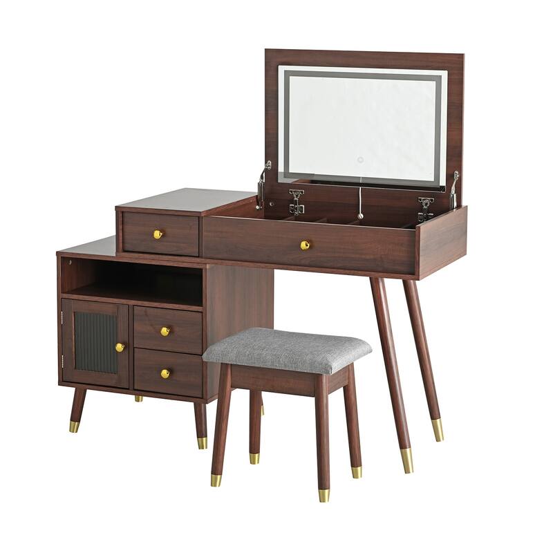 3-in-1 Vanity Desk with Lighted Flip-Top Mirror & Retractable Side Cabinet, Vanity Set with Stool & Storage Drawers