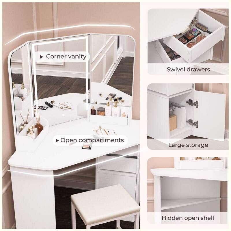KEONJINN Corner Vanity Desk Set with Lighted Mirror & Matching Chair, Bedroom Storage - White - 56INx47IN