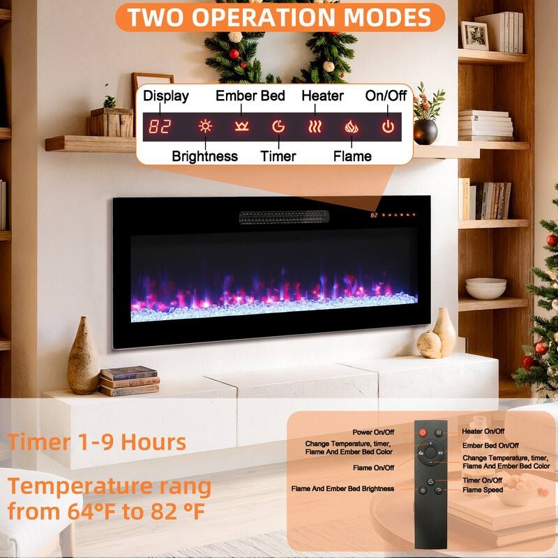 36 in. Wall Mounted Recess Ultra Thin Electric Fireplace with Tempered Glass Front in Black,Remote,1400W/5000BTU