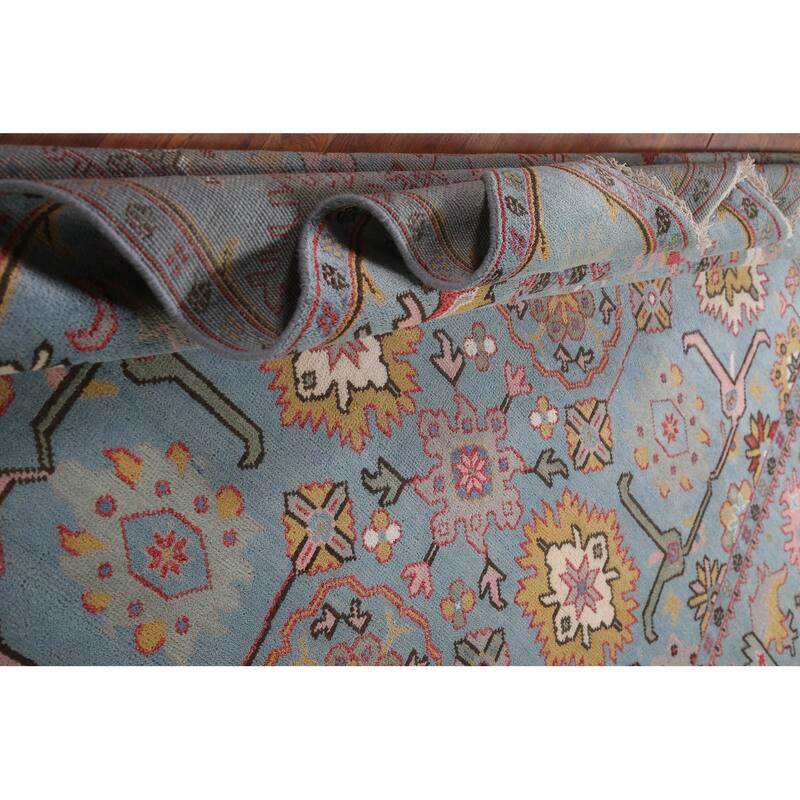 Transitional Blue Oushak Oriental Area Rug Handmade Floral Wool Carpet - 8'1"x 9'6"