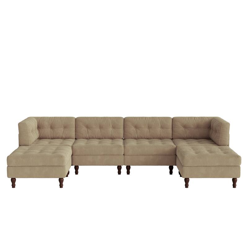 130"W Corduroy Upholstered Modular Sectional Sofa with Storage Ottoman
