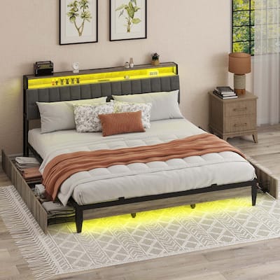 Upholstered Platform Bed with Charging Station and Storage Headboard