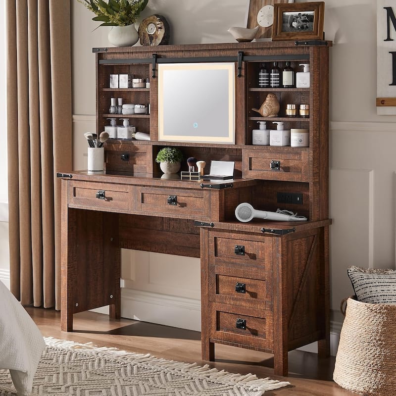 Farmhouse Makeup Vanity Desk with Mirror & Lights, Rustic Vanity Table - Reclaimed Barnwood