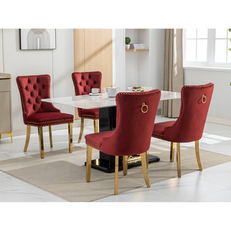 Velvet Dining Chairs Set of 2, Tufted Upholstered Dining Room Chairs, Kitchen Chair with Back Ring Pull & Nailhead Trim