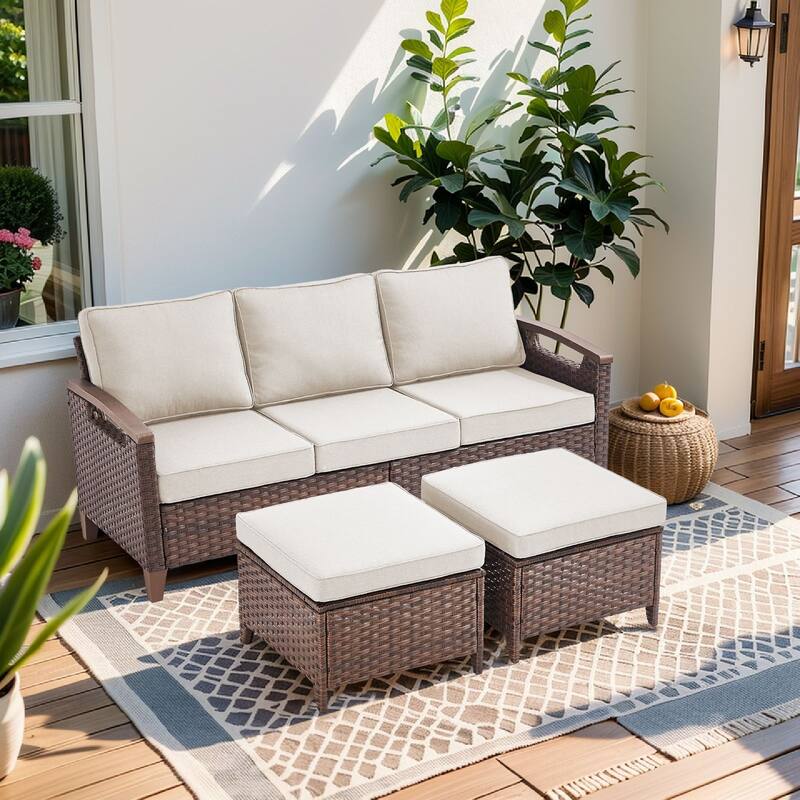 Pocassy Outdoor Patio Sofa Chair Ottoman Table Furniture Set - Beige Cushion - 3-Seat Sofa with Ottoman Set