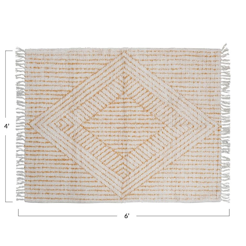 Stonewashed Cotton Tufted Rug with Diamond, Stripes and Fringe - 4' x 6'