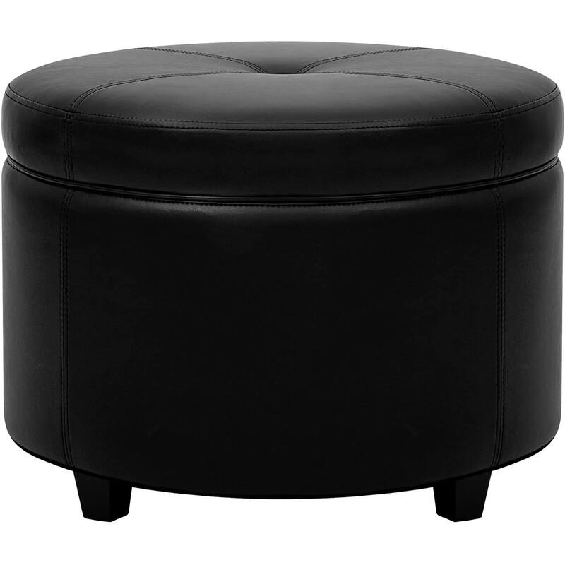 Round Leatherette Storage Ottoman with Lid for Living Room, Black - Black - Large