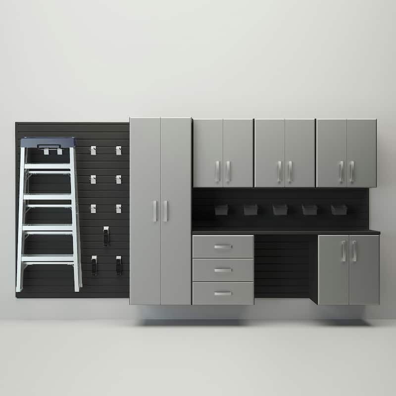 Flow Wall 24 Piece PVC Indoor Deluxe Cabinet Storage Set - Black Slatwall / Silver Cabinets