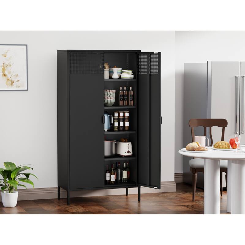 Sideboard Cabinet with Non-Slip Adjustable Feet, Metal Pantry Cabinet with Magnetic Doors & Adjustable Shelves