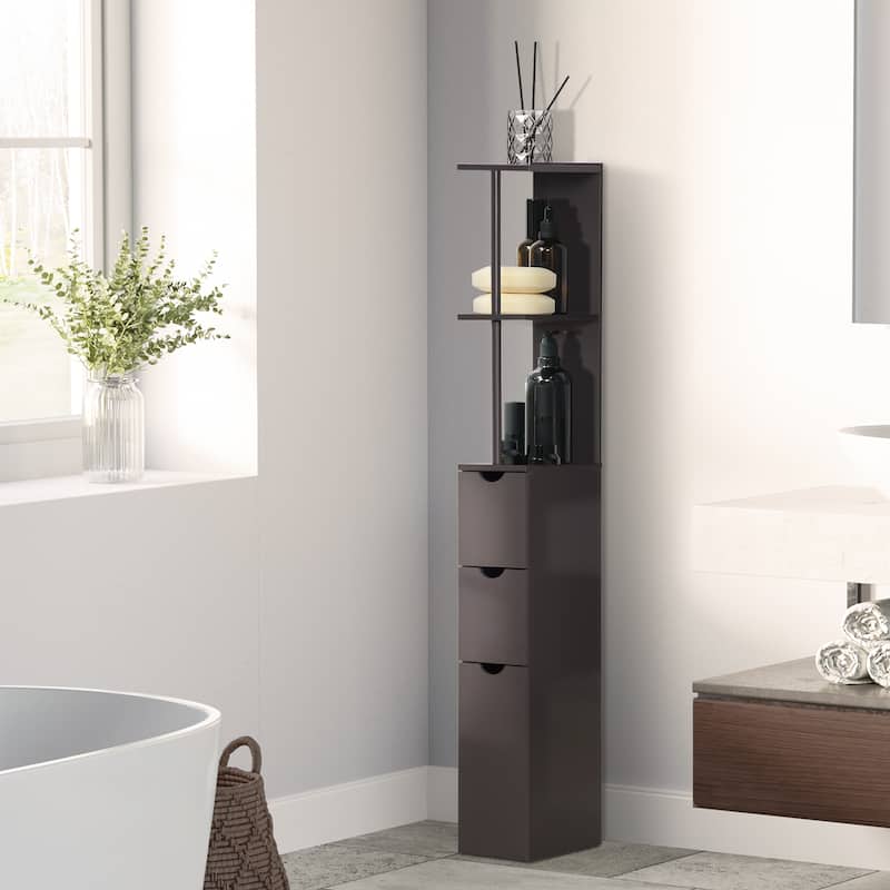 Brown Bathroom Display Cabinet Corner Cabinet with Open Shelves, Side Floor Storage Organizer with Drawers