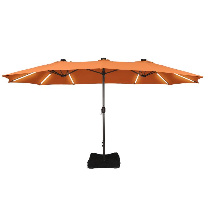 15 ft. Crank Double-sided Solar LED Ultra Lighted Outdoor Market Umbrella with Base Included - Orange