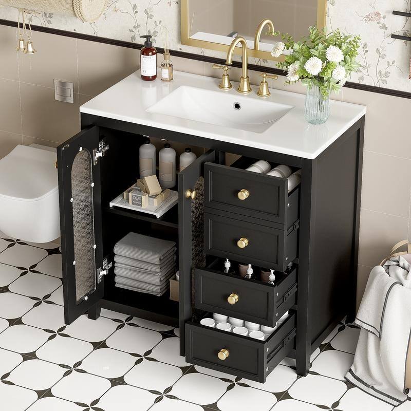 30''/36'' Bathroom Vanity with Sink, 3 Drawers Bathroom Storage Cabinet with Soft-Close Glass Door and Adjustable Shelf