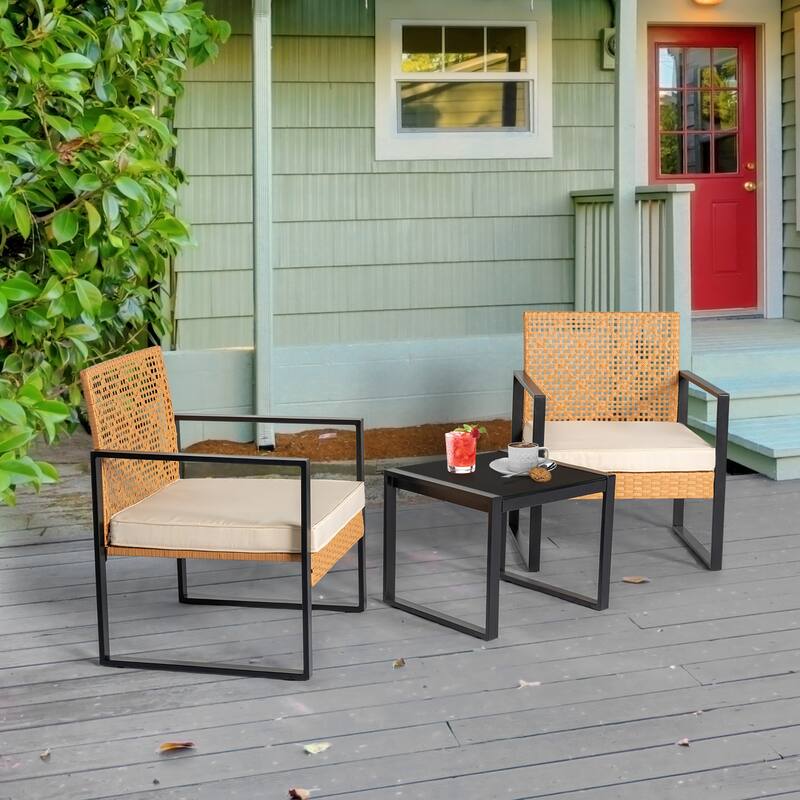 3 Pieces Patio Set Outdoor Wicker Furniture Sets, Modern Rattan Chair Conversation Sets with Glass Coffee Table