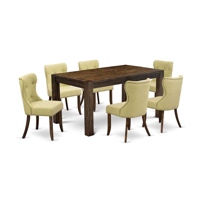 HomeStock 7-Piece Rectangle Distressed Jacobean Finish Solid Wood Top Dining Table with 6 Parson Chairs