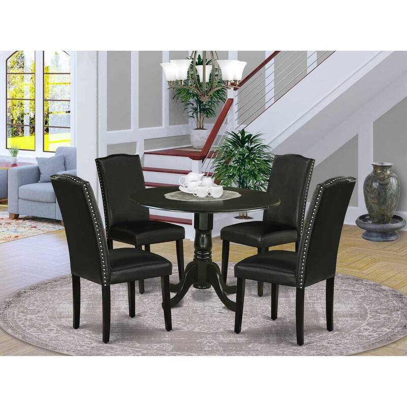 Round Kitchen Table Set 5pc 42" Table w/ Drop Leaves & 4 Parsons Chairs - Black PU Leather