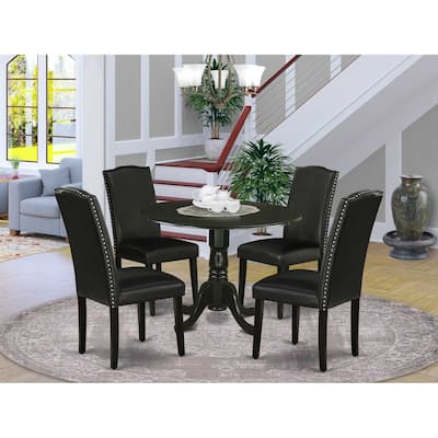 Round Kitchen Table Set 5pc 42" Table w/ Drop Leaves & 4 Parsons Chairs - Black PU Leather