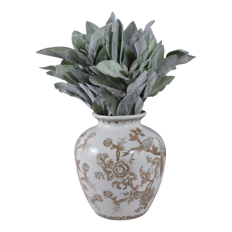 Decorative Ceramic Chinoiserie Flower Vase - White & Brown, 10"