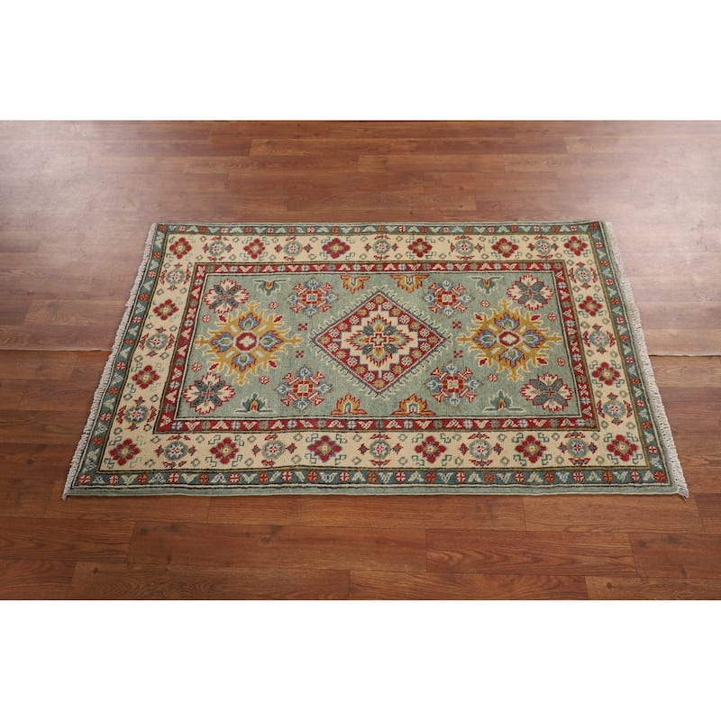 Light Green Kazak Oriental Accent Rug Hand-Knotted Wool Carpet - 2'7" x 4'2"